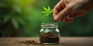Ein Gärtner testet, ob Cannabis-Klone im Wasser Wurzeln bilden können.