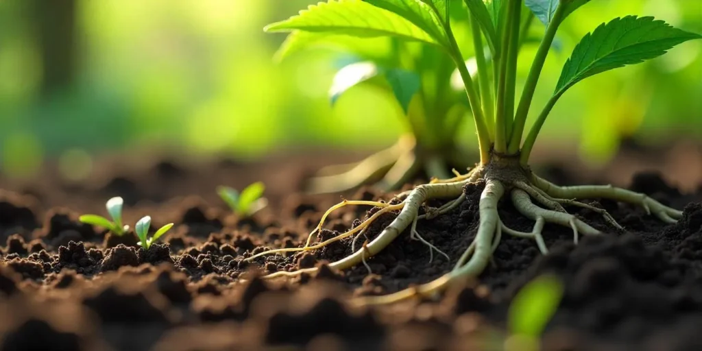 Adventivwurzeln bei Cannabis-Pflanze in nährstoffreicher Erde.