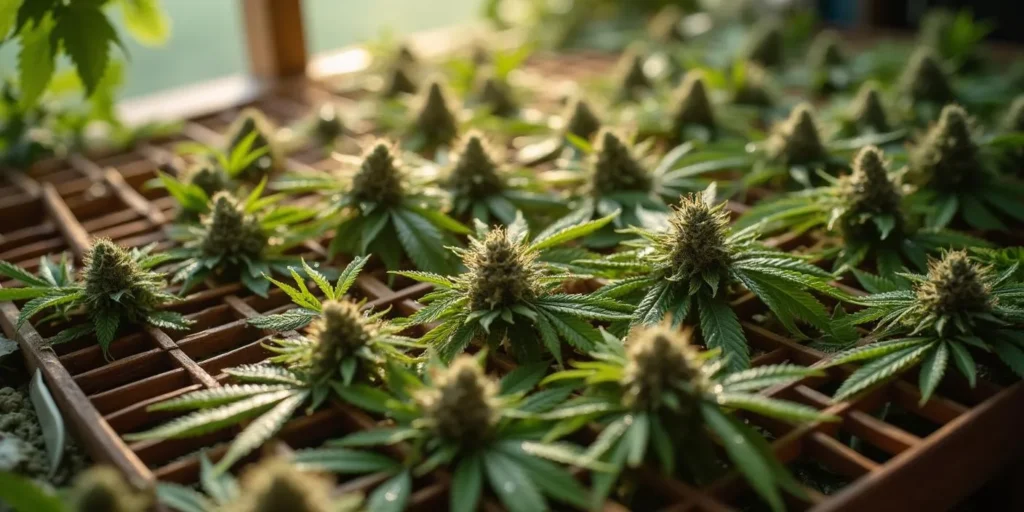 Erntebereite Cannabis Pflanzen vor dem Trocknen mit Dörrautomat.