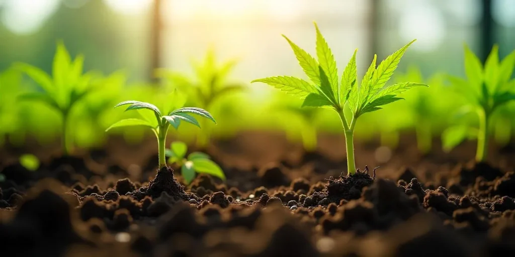 Cannabis-Sämling mit verbrannten Wurzeln wächst deutlich schwächer.