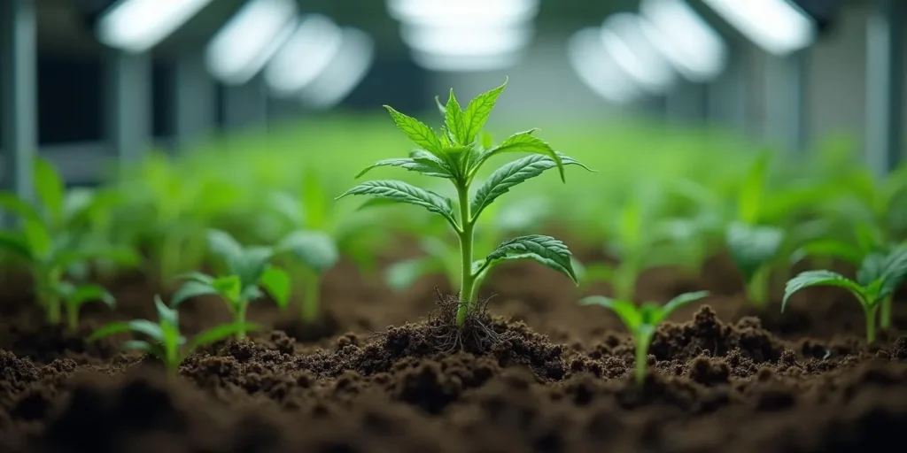 Cannabis Sämling unter LED-Licht wächst langsam in Indoor-Anlage.