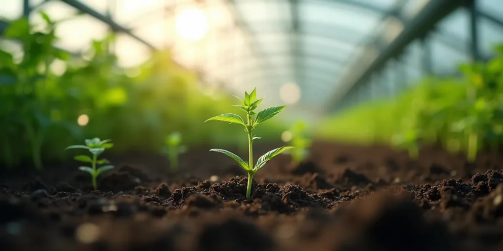 Ein junger Cannabis Sämling im Gewächshaus zeigt langsames Wachstum, häufige Ursachen sind falsches Gießverhalten oder zu dichte Erde.