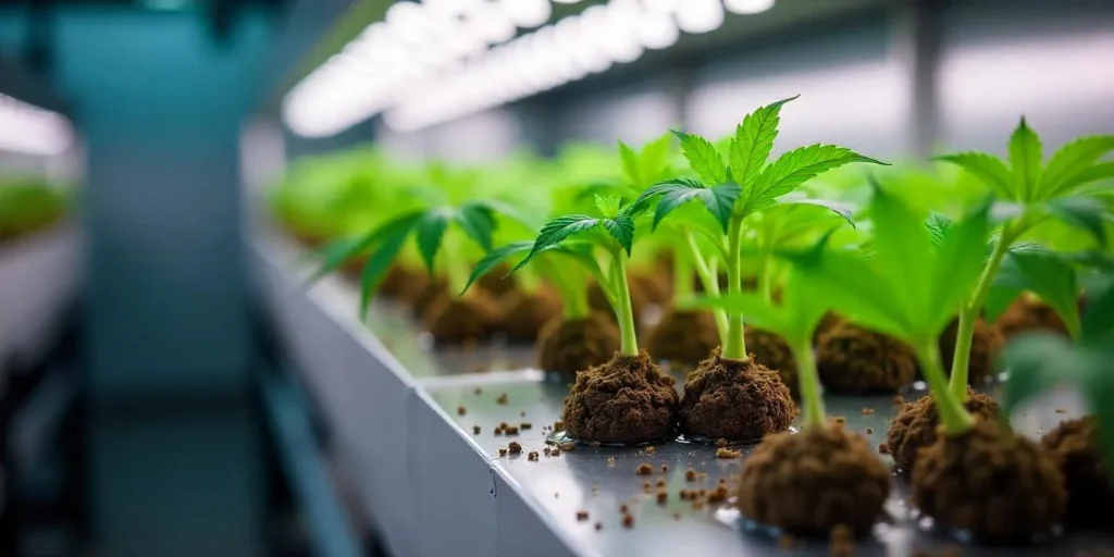 Cannabis-Sämlinge mit ersten Anzeichen brauner Wurzeln in Hydrokultur.