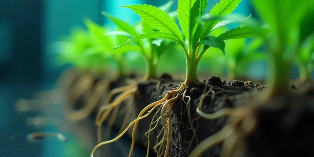 Cannabis-Setzlinge mit freigelegtem Wurzelsystem und Wurzelsperre.