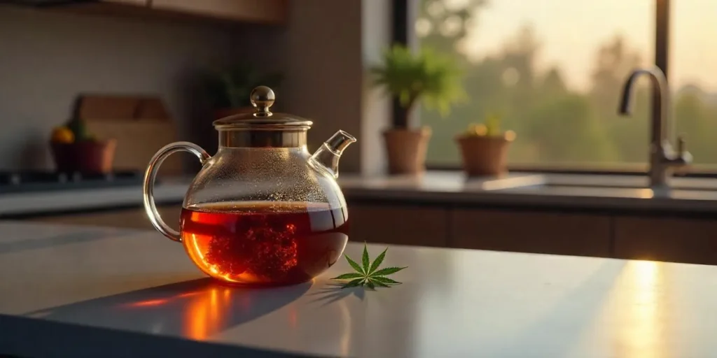Cannabis-Stecklinge bewurzeln sich in einem Glas mit Erde am Fenster.