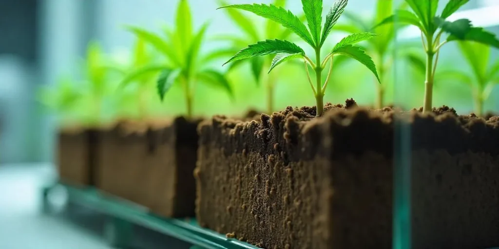 Cannabis-Stecklinge in Substratblöcken, frühe Wurzelentwicklung sichtbar im kontrollierten Anbau.