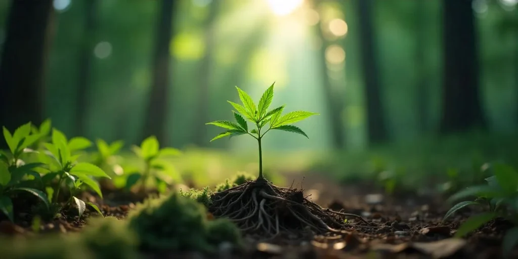 Cannabis bildet Wurzeln aus dem Stamm im natürlichen Waldklima.