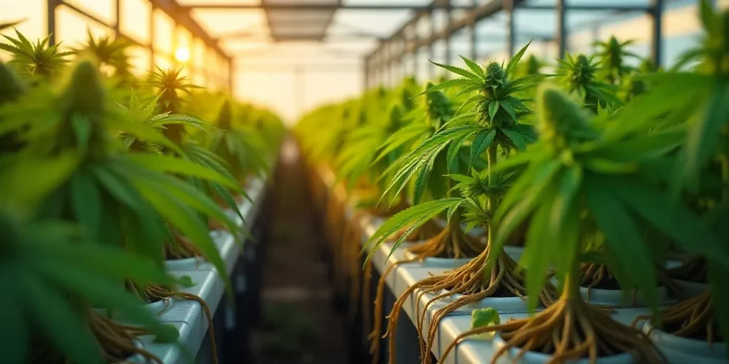 Aeroponische Wurzeln bei Cannabis in einem modernen Gewächshaus bei Sonnenuntergang.