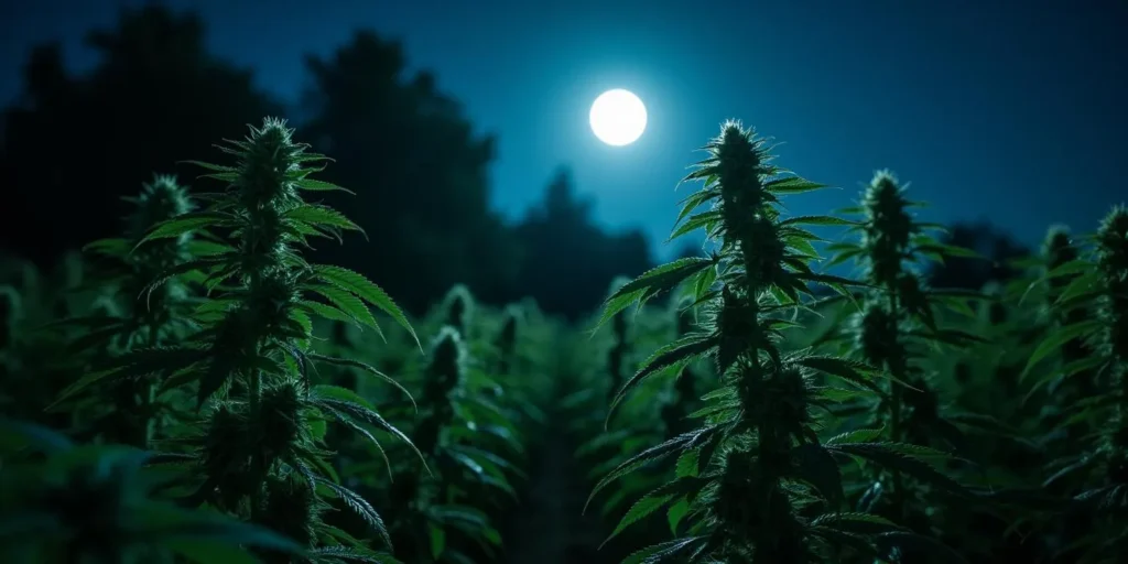 Outdoor-Cannabispflanzen bei Nacht unter Mondlicht.