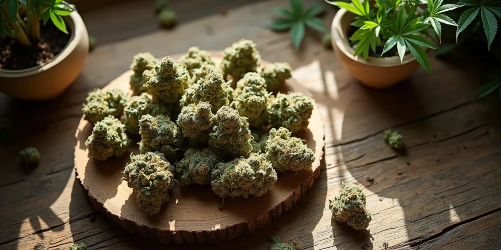 Geerntete Cannabisblüten auf Holz, Schutz durch nächtliches Reinholen.