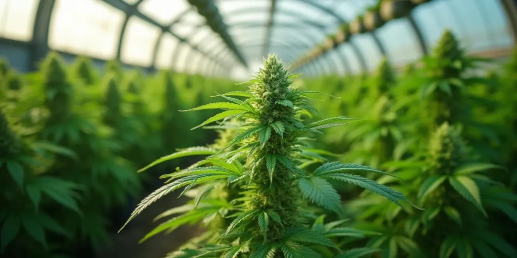 Cannabisblätter im Gewächshaus zeigen kleine Fraßlöcher.