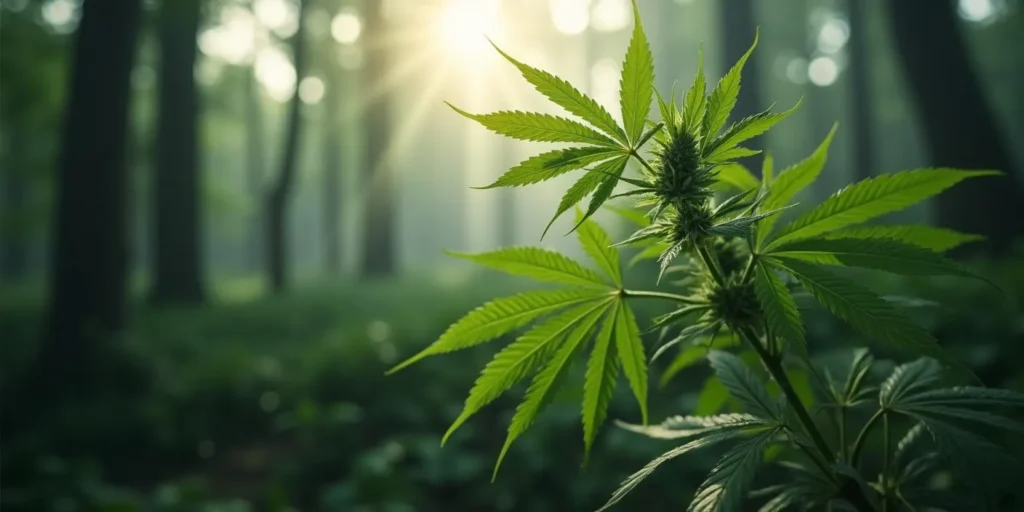 Cannabisblätter im Wald mit kleinen Löchern durch Insektenfraß.