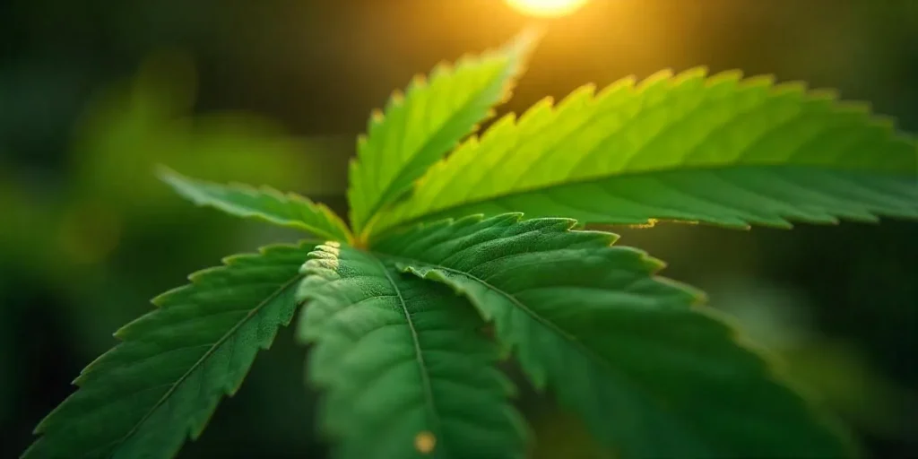 Cannabisblatt im Sonnenlicht: Photosynthese unterstützt durch Xylem und Phloem.