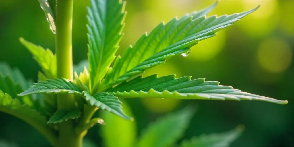 Cannabisblatt mit Wassertropfen: Anzeichen für aktive Xylemsaftzirkulation bei optimaler Hydratation.