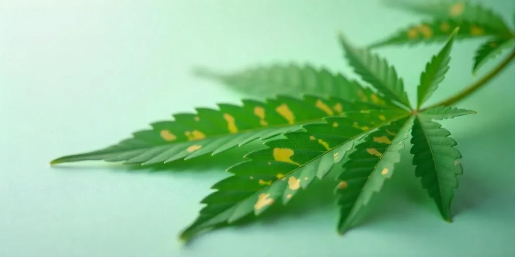 Cannabisblatt mit deutlichen gelben Flecken auf grünem Hintergrund.