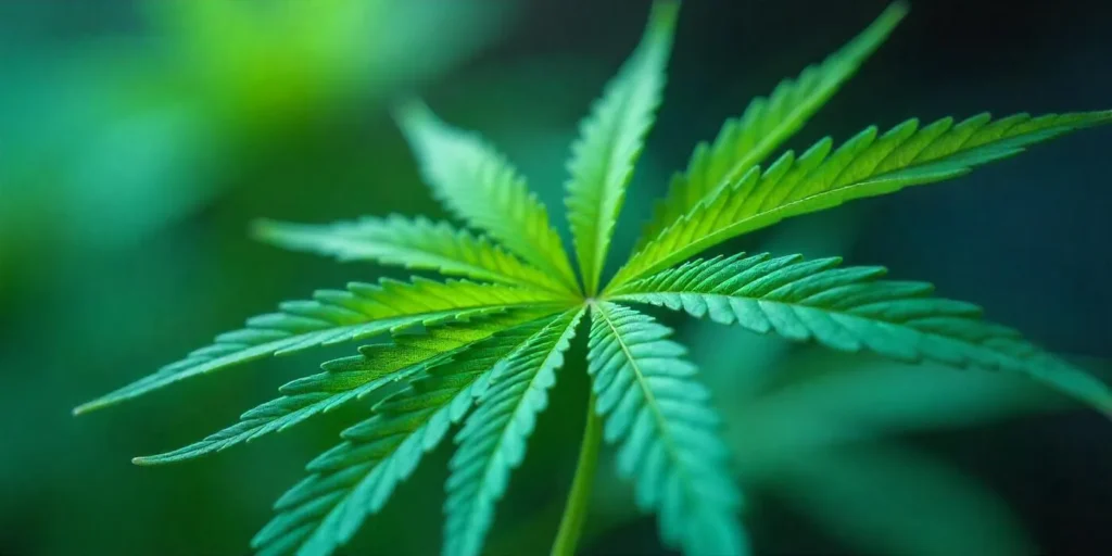 Detailaufnahme eines Cannabisblattes mit Fokus auf lichtabsorbierende Strukturen für effiziente Photosynthese.