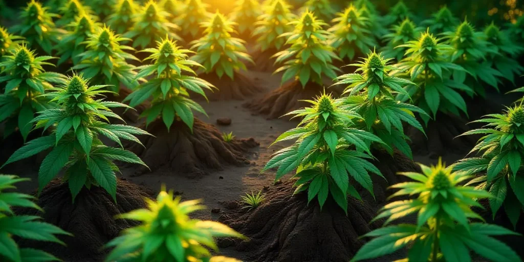 Cannabisfeld mit gesunden Pflanzen durch Wurzelsperre optimiert.