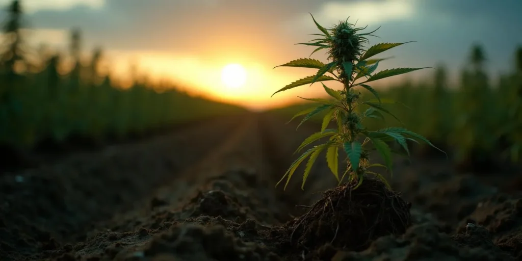 Cannabispflanze mit freiliegenden Wurzeln im Ackerboden bei Sonnenuntergang.
