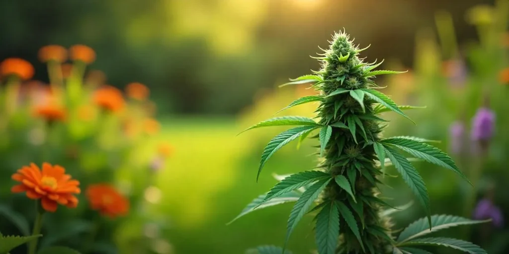 Cannabispflanze im Garten bei Sonnenlicht zur Förderung der photosynthetischen Effizienz.