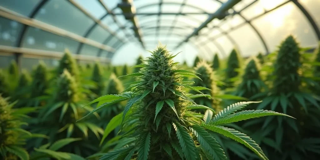 Gesunde Cannabispflanze im Gewächshaus ohne Trauermücken.