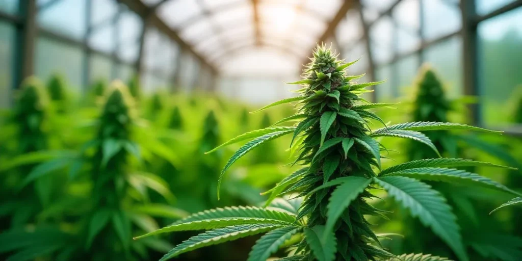 Gewächshaus voller Cannabispflanzen mit vereinzelten lila Stängeln und grünen Blättern.