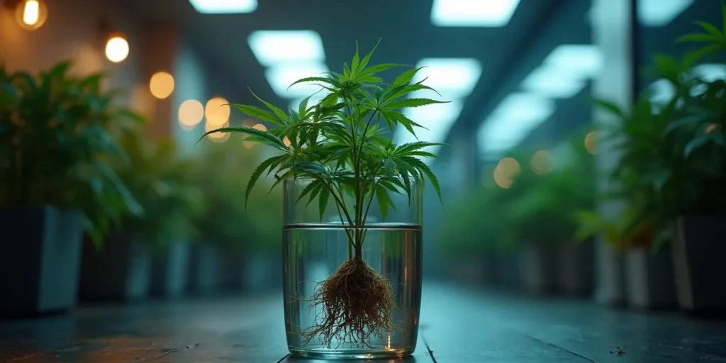Cannabispflanze in Wasserbehälter mit freigelegten Wurzeln, keine THC-Produktion.