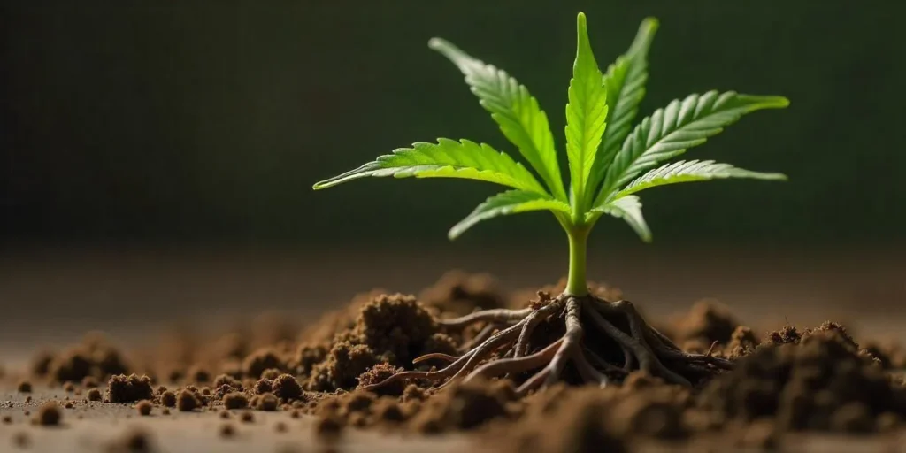 Cannabis-Steckling mit starken Wurzeln, aber ohne oberen Trieb.