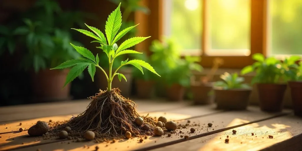 Cannabispflanze mit freiliegenden, teilweise braunen Wurzeln bei Tageslicht.