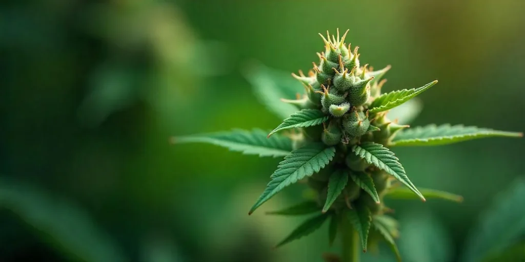 Nahaufnahme einer wachsenden Cannabispflanze mit frischen Blüten und grünen Blättern.