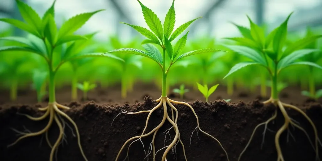 Cannabispflanze mit sichtbaren Wurzeln und Wurzelsperre im Boden.