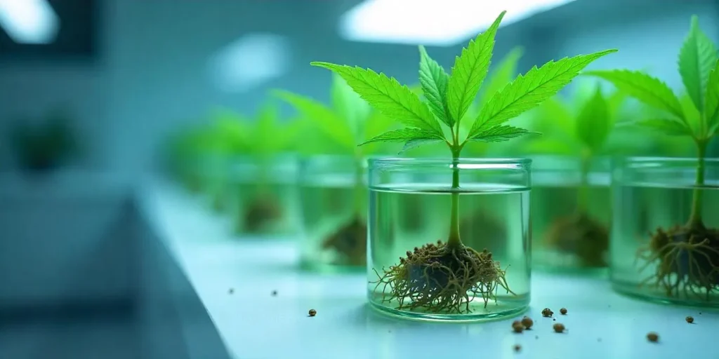 Sichtbare Wurzeln von Cannabis in Hydroponik auf Schädlingsbefall prüfen.