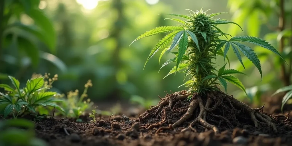Gesunde Cannabispflanze mit sichtbar verzweigten Wurzeln im Freiland.