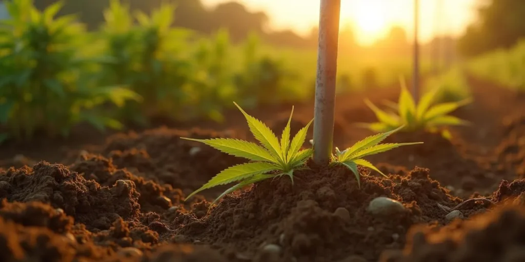 Cannabissetzling mit Pflock direkt an der Wurzelbasis im Sonnenlicht.