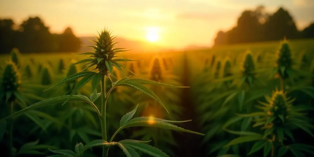 Cannabispflanzen auf einem Feld bei Sonnenuntergang: Xylemsaft zirkuliert für optimale Nährstoffversorgung.