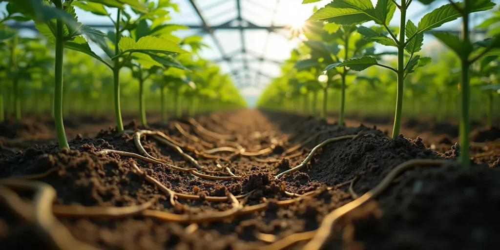 Cannabispflanzen mit sichtbaren Wurzeln im Gewächshausboden, Fokus auf Inhaltsstoffe.