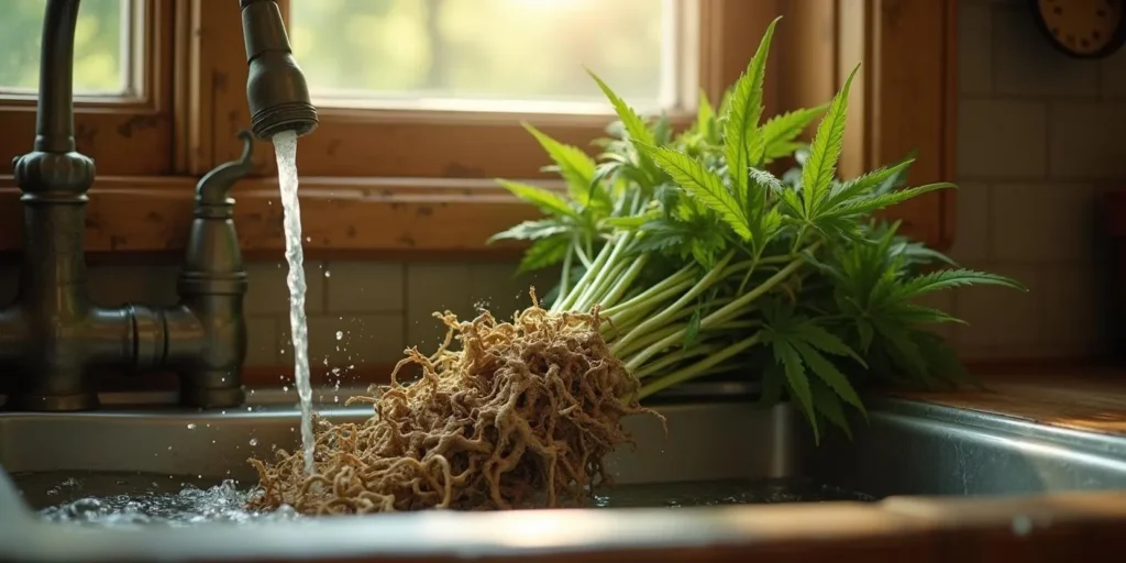 Cannabiswurzeln werden im Spülbecken gewaschen: Untersuchung auf THC-Gehalt.