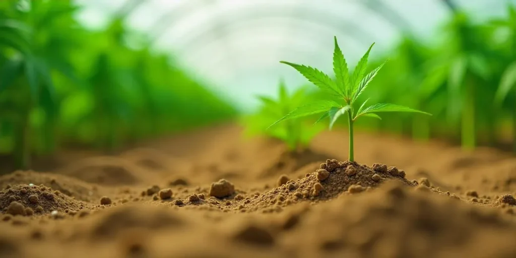 Cannabiswurzel wächst aus der Erde heraus im Gewächshaus.