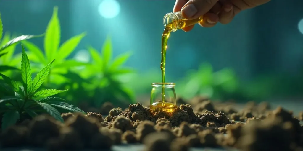 Hand gießt ätherisches Öl aus Cannabiswurzeln in Glasflasche im Anbaugebiet.