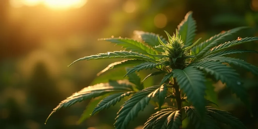 Mit Tau bedeckte Cannabis Blätter nach Besprühen bei Sonnenlicht.