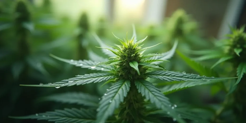 Cannabis Blätter mit Wasser besprühen zur Feuchtigkeitsregulierung.