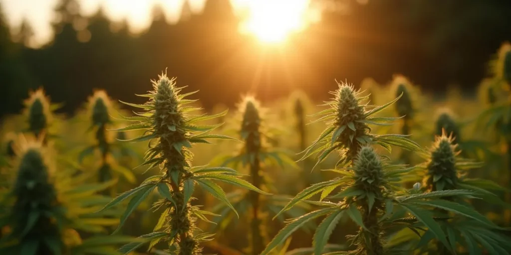 Automatic-Pflanzen in der Vorblüte im Freiland bei Sonnenuntergang.
