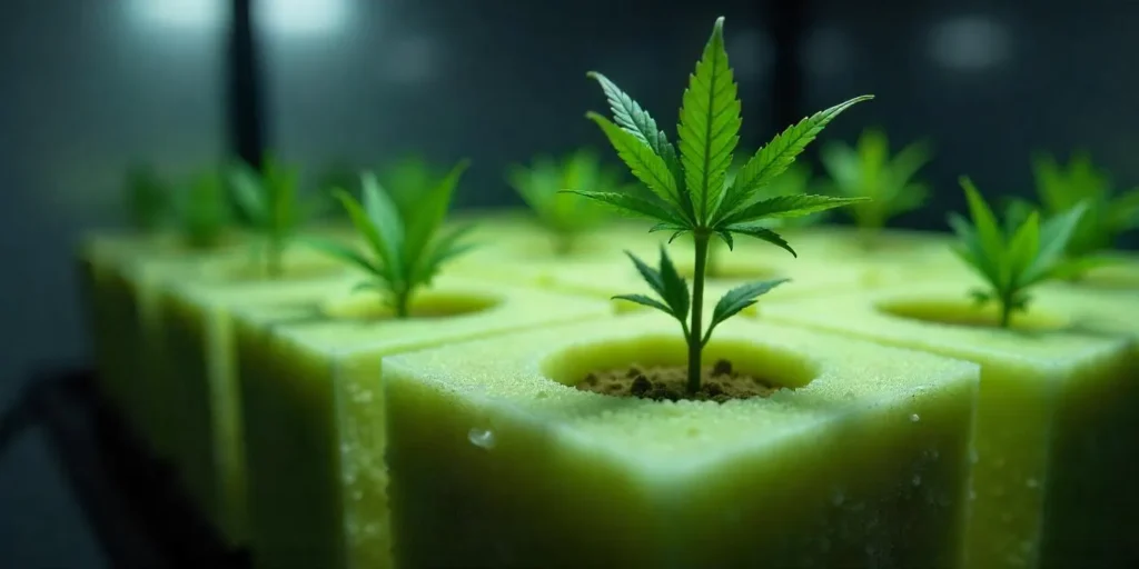 Wie man Cannabis-Stecklinge bewurzelt: Anwendung von Steinwolle zur kontrollierten Wurzelbildung.