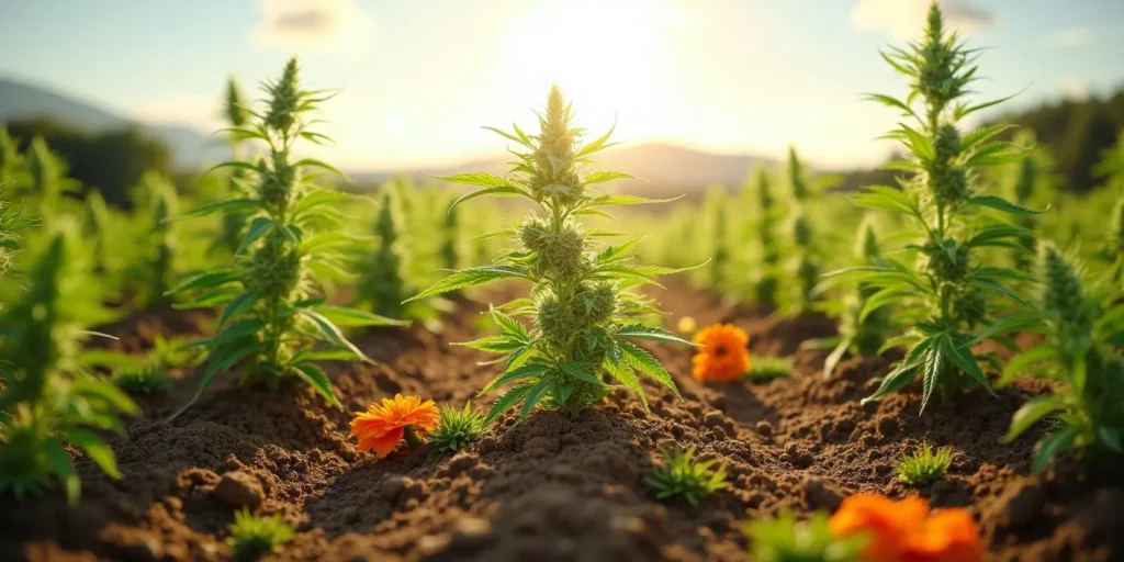 Auto CBD Pineapple Pflanze im Freien mit Ringelblumen.