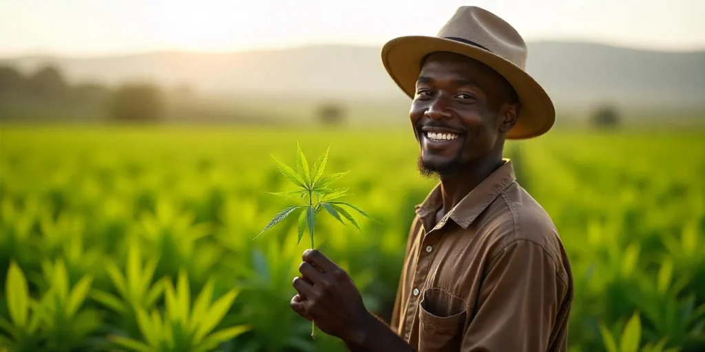 Afrikanischer Landwirt mit Cannabis-Pflanze: Afrikanische Wurzeln des Cannabis.