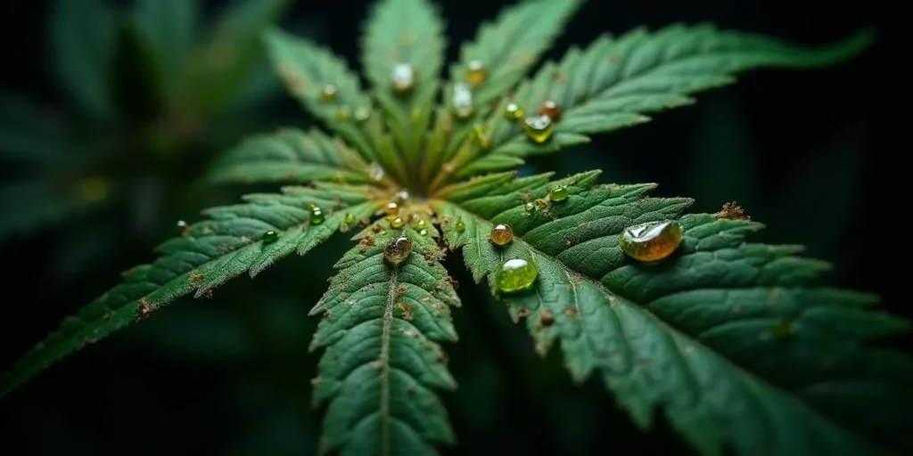 Cannabisblatt mit Wassertropfen, beeinflusst durch Wasserhärte.
