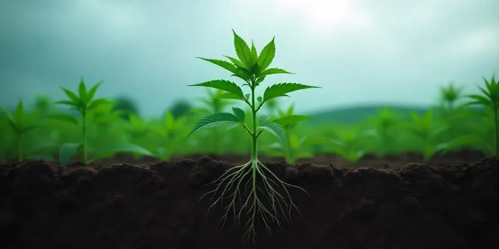 Einzelne junge Cannabispflanze mit Wurzelsperre zur Wachstumslenkung.