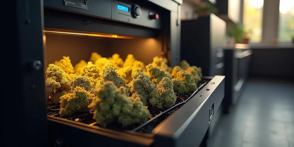Elektrischer Dörrautomat mit Cannabis Blüten in Trocknungsphase.