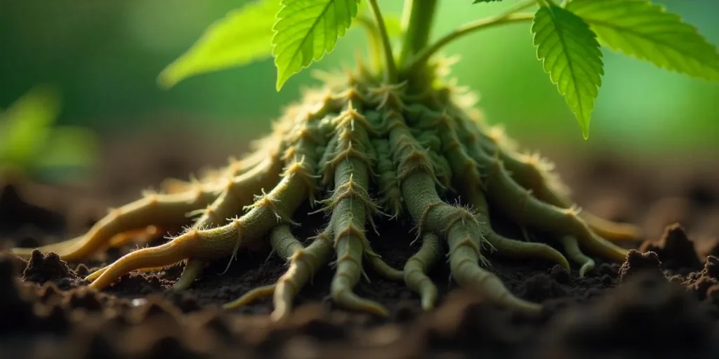 Flauschige Wurzeln bei Cannabis in nährstoffreichem Substrat.