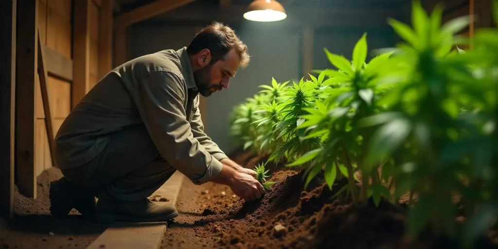 Gärtner schneidet vorsichtig Cannabiswurzeln im Indoor-Grow.