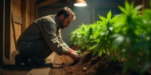 Gärtner schneidet vorsichtig Cannabiswurzeln im Indoor-Grow.